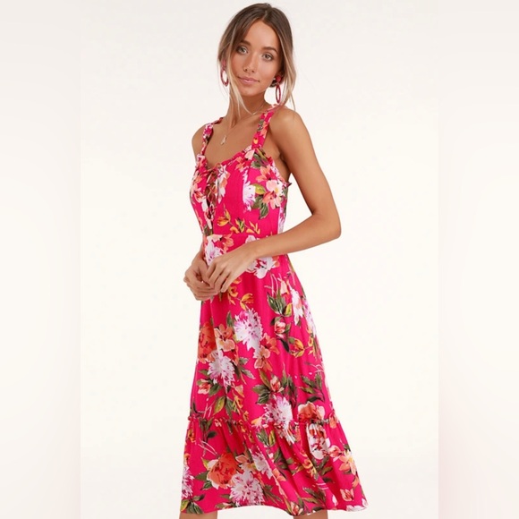 Lulus Dresses & Skirts - Lulu's Fuchsia Floral Tie-Front Midi Dress